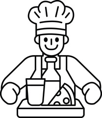 A chef is smiling and holding a tray with a bottle, a cup, and a slice of pizza
