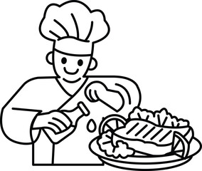 A chef is preparing a meal with a bottle of sauce