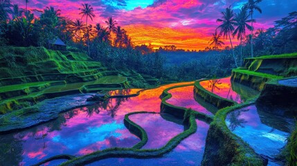 Fototapeta premium Stunning sunrise over vibrant rice paddies. Reflecting colors on tranquil water