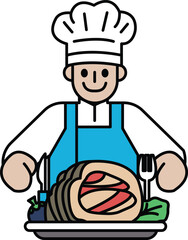 A cartoon chef is smiling and holding a plate of food with a knife and fork