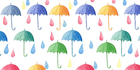 Obraz premium 梅雨の季節にぴったりなカラフルな水彩傘としずくの連続柄｜ポップ・キュート・雨の日イラスト・6月・水彩風・ハンドペイント・装飾背景・テキスタイルデザイン