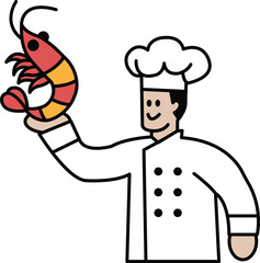 A chef is holding a shrimp in his hand