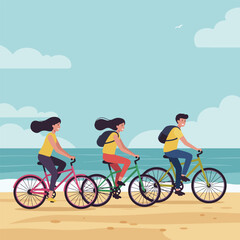 Fototapeta premium People Cycling on Beach with Ocean View Enjoying Summer Vacation