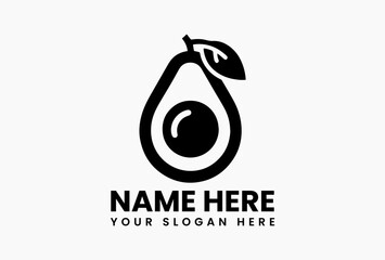 Simple avocado silhouette with stem leaf in black and white vector logo. Fresh produce concept  
