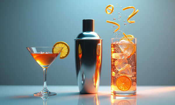 A cocktail shaker and glass with citrus garnish are set before a brain icon and floating question marks, blending mixology with intellectual curiosity.