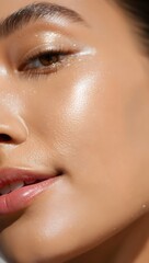 A close-up shot of radiant skin of the person with striking features. The image accentuates the skin's luminous quality, enhanced by the interplay of light and shadow.