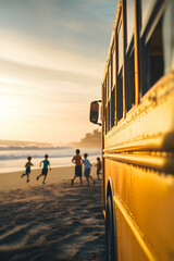 Golden-hour school bus parked near a scenic beach as joyful children dash towards the waves, leaving their shoes behind. Nostalgic coastal adventure, soft focus, cinematic realism.