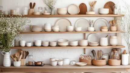 Kitchen shelving displays an organized collection of ceramic dishes, utensils, and decorative elements in a cozy interior setting