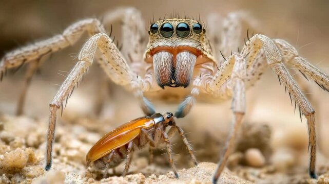 Jumping spider captures beetle in closeup macro wildlife sequence