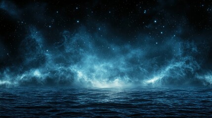 Ethereal scene blue mist over dark water, starry sky