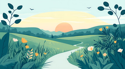 Fototapeta premium Idyllic Sunrise Over Rolling Hills and Meadow