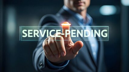 Service pending concept with man pressing virtual button on virtual screen