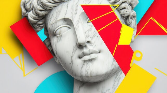 Marble bust adorned by vibrant geometric shapes evoking modern art s dialogue with antiquity clean