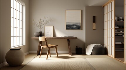 emotional wellness workspace minimal art with clean Japanese Zen style interior, calm neutral tones and tatami mat