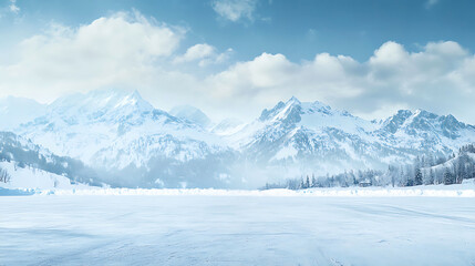Fototapeta premium Snow-covered mountain range reflecting on a frozen lake under a cloudy sky
