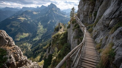 Wooden path clinging to a dramatic cliffside, offering stunning mountain views