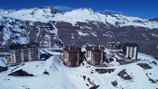 Valle Nevado Village In Andes Mountains Santiago Chile. Skier Skiing Downhill On Empty Ski Slopes In The Mountains. Snowing Day Countryside Andes Mountains Map Blizzard. Snowing Day Nature.