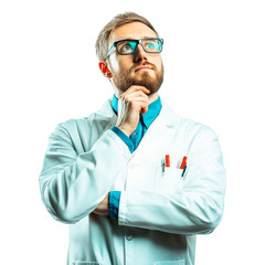 Pensive doctor with beard in lab coat looking up, cut out transparent