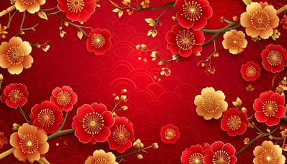 和風な花と霞模様のシックな和柄背景　赤