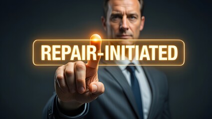 Repair initiated concept businessman pressing button on virtual screen