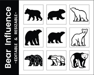 Obraz premium Black And White Bear Silhouettes Collection Vector Art Featuring Grizzly And Polar Bears