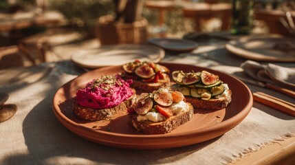 Sunlit Bruschetta Platter with Beetroot, Fig, Zucchini, and Tomato on Rustic Bread