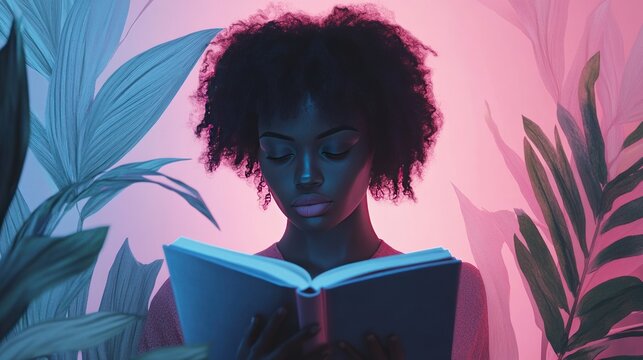 Focused reader amidst vibrant foliage