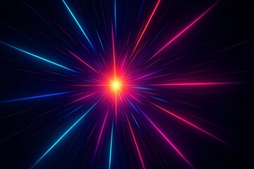 Obraz premium A vibrant red light sphere bursts into a display of red and blue beams.