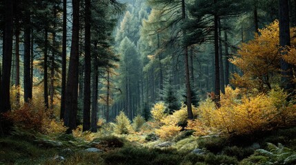 Obraz premium Enchanting glimpse of an autumnal forest with dense vegetation and tall trees