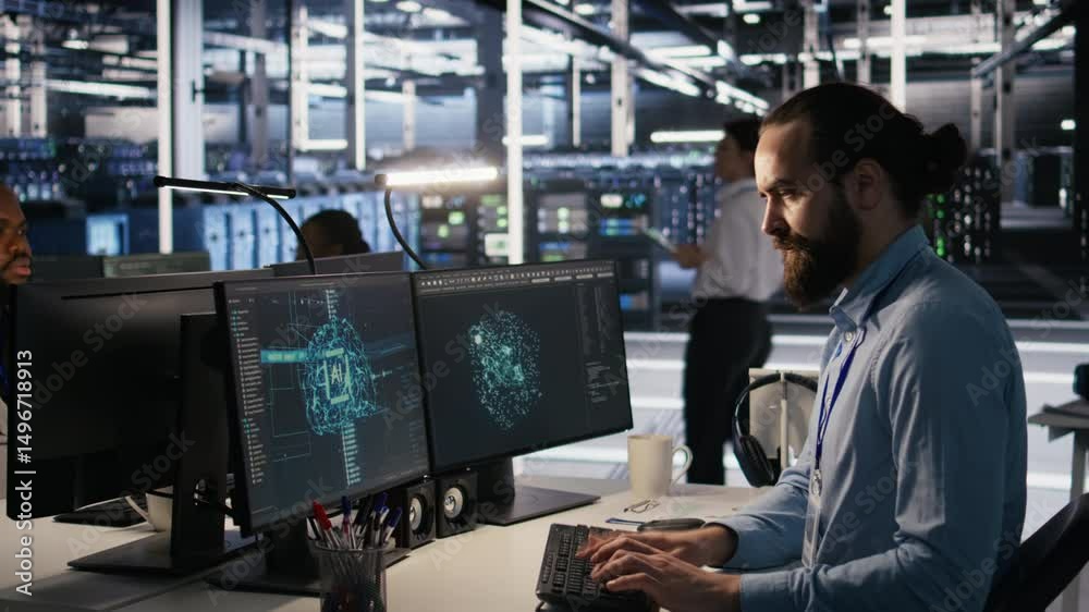 Poster overworked technician in data center managing server infrastructure for ai inference tasks. fatigued