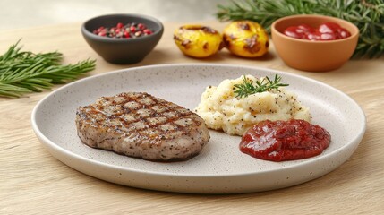 Grilled steak, mashed potatoes, and sauce on a plate
