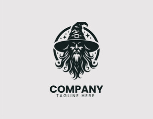 Fototapeta premium Mystical Old Wizard Illustration with Pointed Hat Vector Logo Design