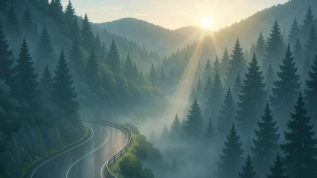 3D Realistic Anime &ndash; Winding Mountain Road at Dawn with Animated Fog and Light Rays
