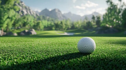 Golf Ball on a Lush Green Course with Mountain View