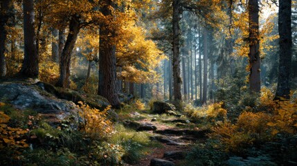 Obraz premium Sunlit path winding through an autumnal forest with vibrant foliage display