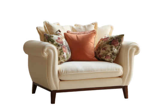 [Transparent Background PNG]Cream Sofa with Decorative Pillows