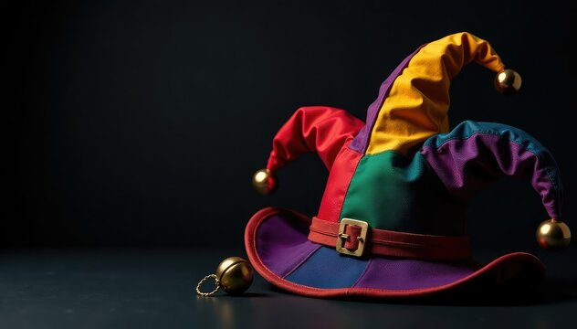 A jester's hat and bells on a black background , trick, joke