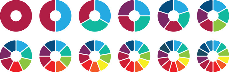 Pie chart set. Different color circles. Pie chart divided 1, 2, 3, 4, 5, 6, 7, 8, 9, 10, 11, 12 equal parts. donut and pie chart infographic elements. Colorful diagram graphs. Circle section graph.