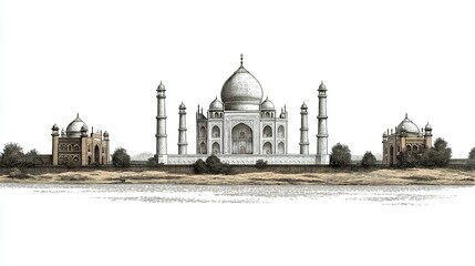 Naklejka premium Architectural illustration of the taj mahal and surrounding structures.