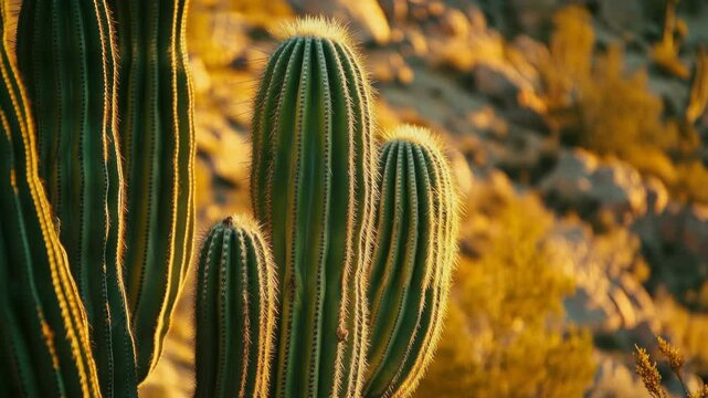 Golden hour cactus panorama: sunlit desert cacti in vibrant sunset