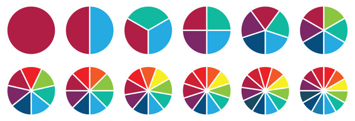 Pie chart set, segmented circle icons, circle diagram with sections or parts, vector. Circle diagram collection with sections or part. Pie chart infographic set. Vector illustration