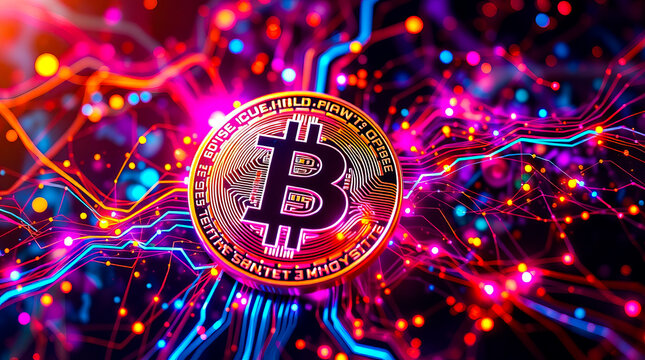 Vibrant Bitcoin Cryptocurrency Coin on a Neon Circuit Board Background, Digital Currency, Finance