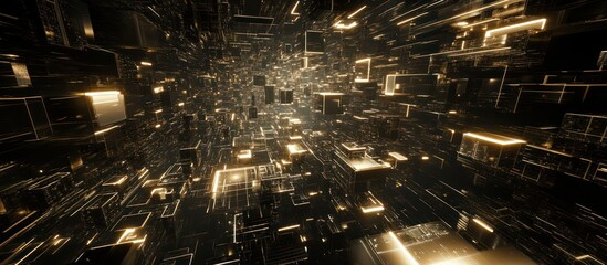Abstract golden matrix of cubes and lines, a futuristic digital space