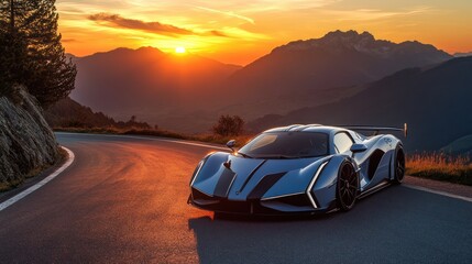 Obraz premium Exotic blue sports car parked on a mountain road against a scenic sunset