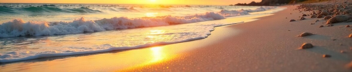 Obraz premium Golden hour sunlight warms smooth beach sand, gentle waves lapping the shore, a perfect summer scene Ideal for travel, vacation, and relaxation themes , waves, tranquility