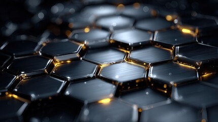 Abstract metallic hexagons with glowing edges for technology concepts