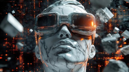 Marble statue comes alive through immersive VR digital awakening amidst dark glowing cybernetic