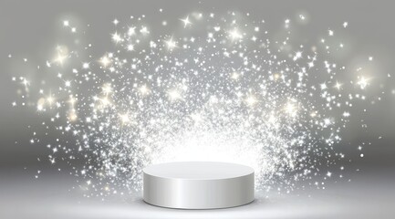 A silver cylindrical pedestal, centrally positioned, is dramatically illuminated from below by a burst of bright, sparkling particles