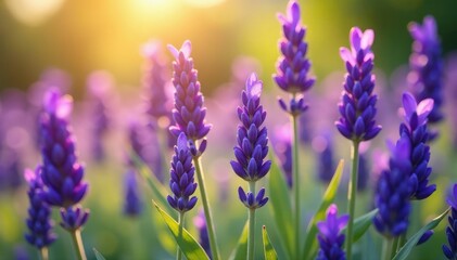 Naklejka premium Close-up of vibrant purple lavender flowers in full bloom, bathed in sunlight , spa, lavender scent