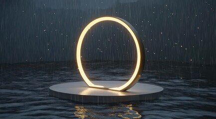 Glowing circular light installation on a small platform, afloat in a dark, rainy scene